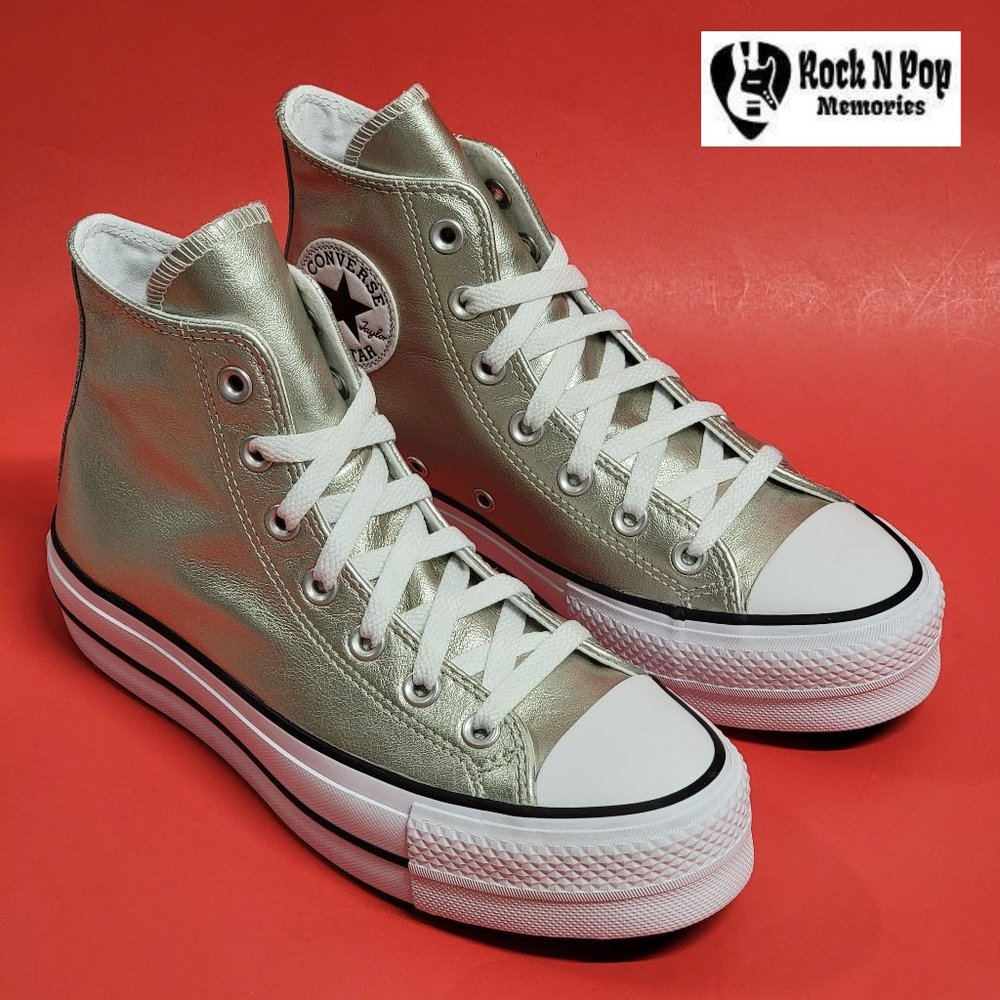 Converse Women's CTAS Lift Hi Leather A06177C White Gold (Silver) Size 6.5